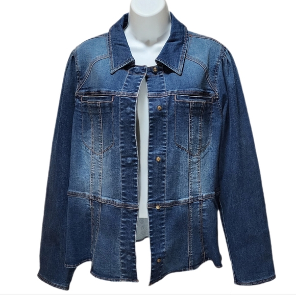 Democracy Denim Jacket Long Sleeve Snap Button Front Peplum Hem Stretch Blue L